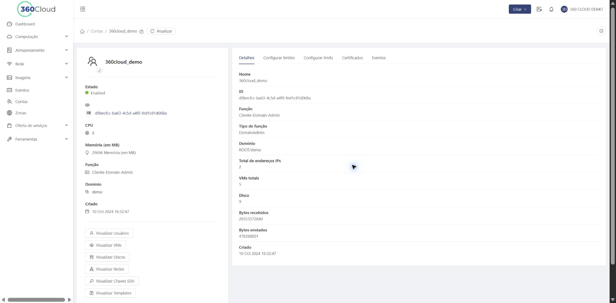 Detalhes da conta 360cloud_demo com o botão Visualizar Usuários destacado