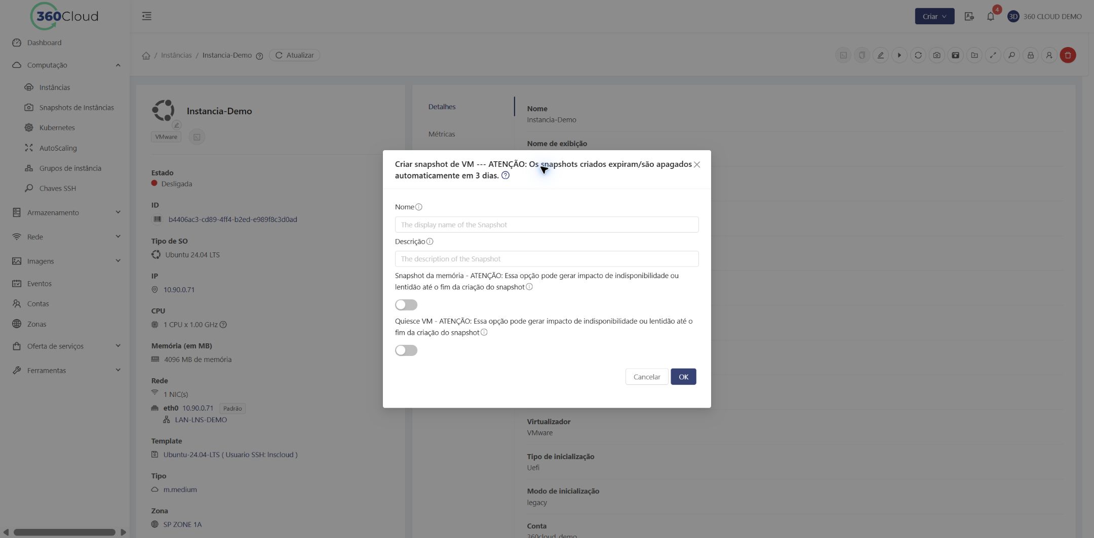 Janela da ação Criar Snapshot de VM