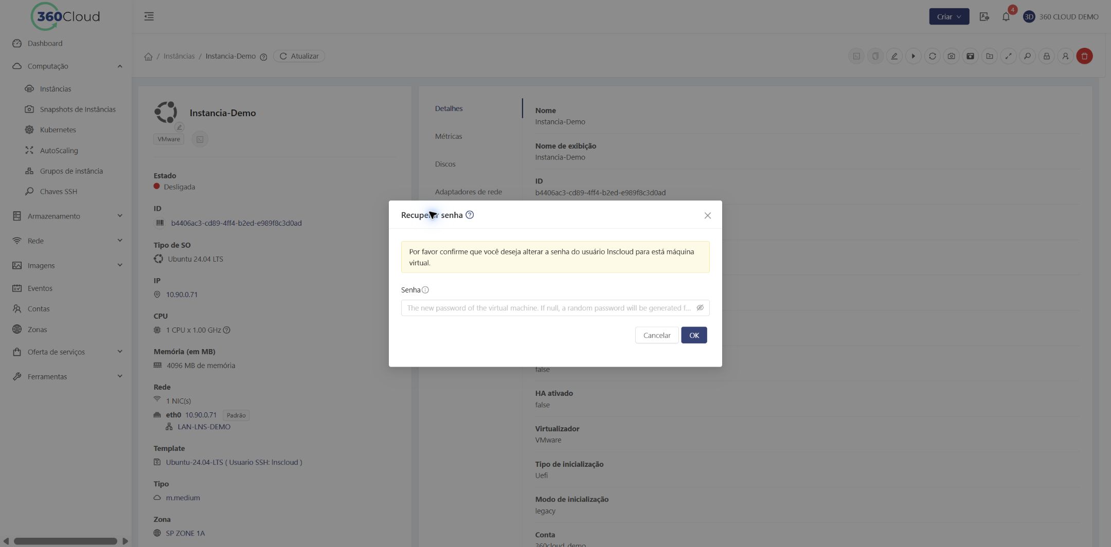 Janela da ação Recuperar Senha