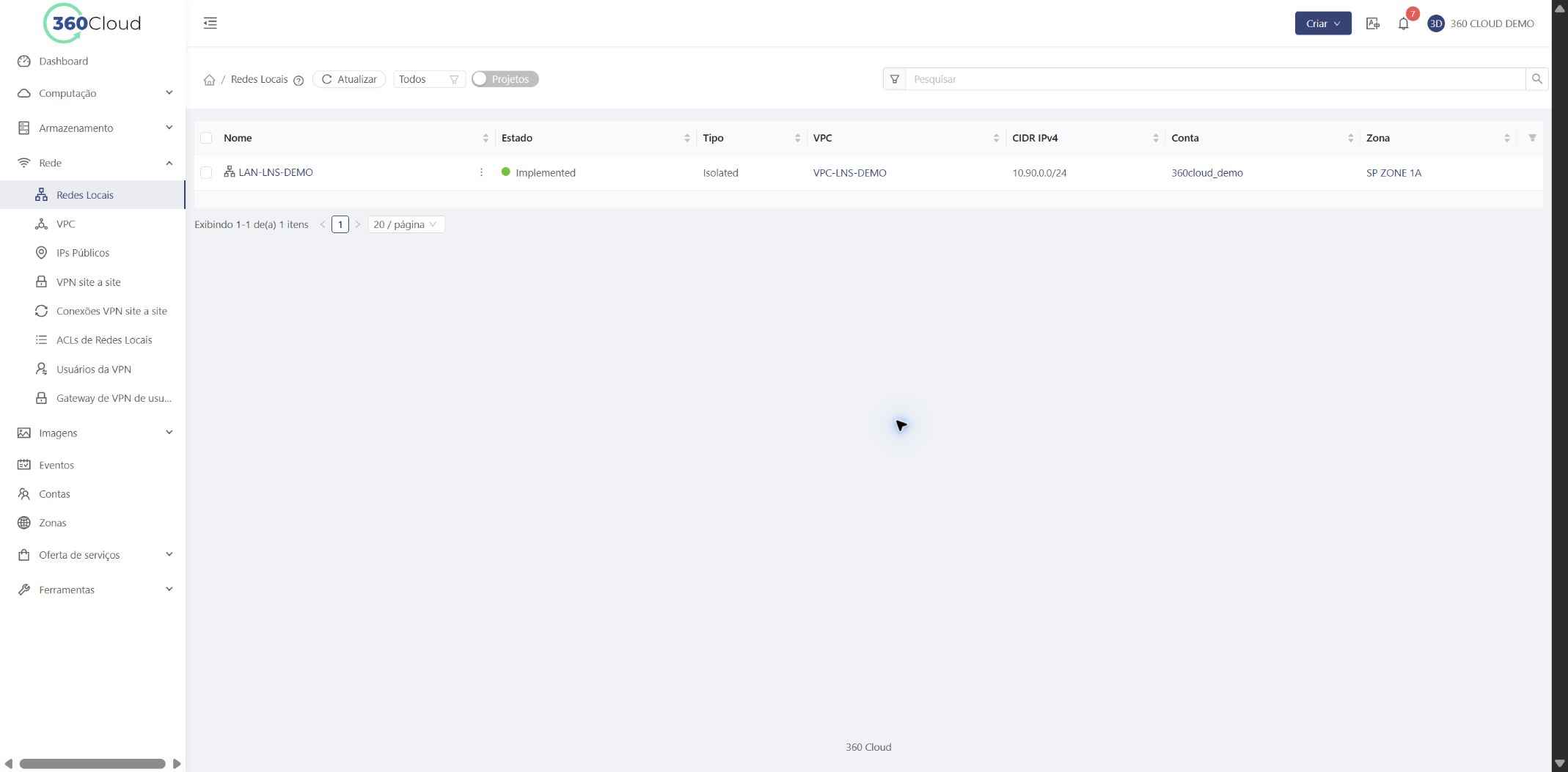 Listagem de Redes Locais com a rede LAN-LNS-DEMO