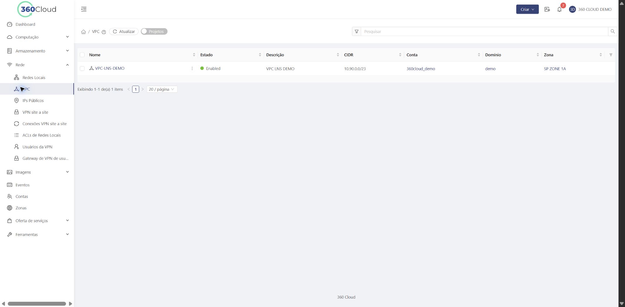 Listagem de VPCs com a VPC-LNS-DEMO