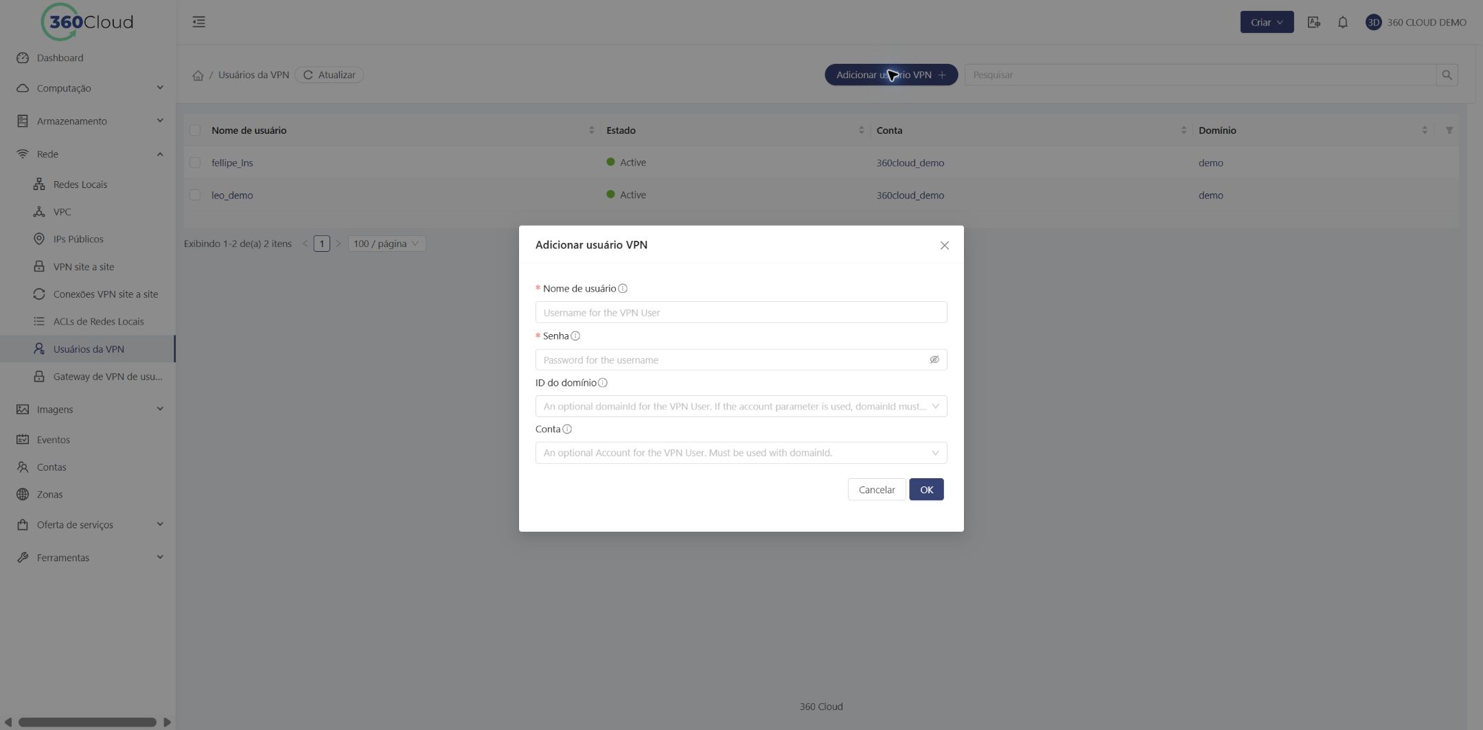Formulário para adicionar usuário VPN