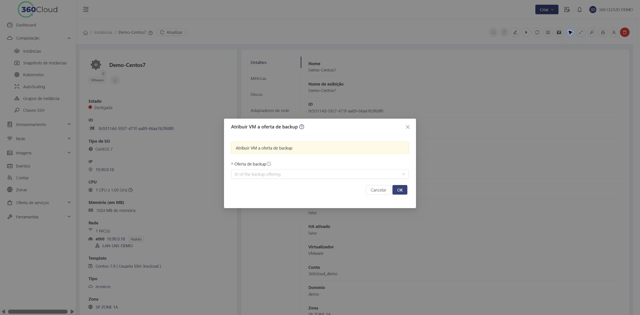Formulário para atribuir oferta de backup