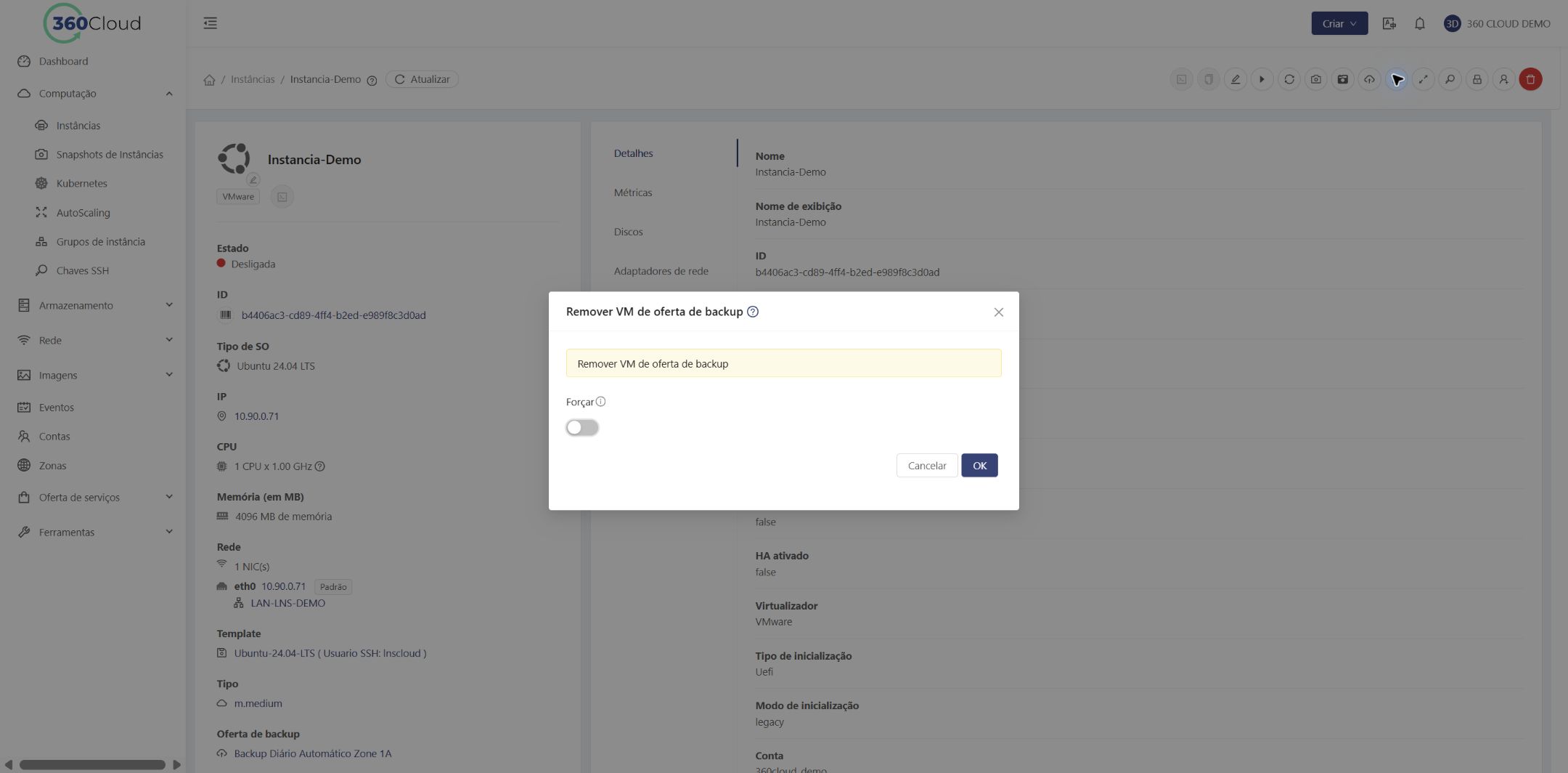 Confirmação para remover a oferta de backup