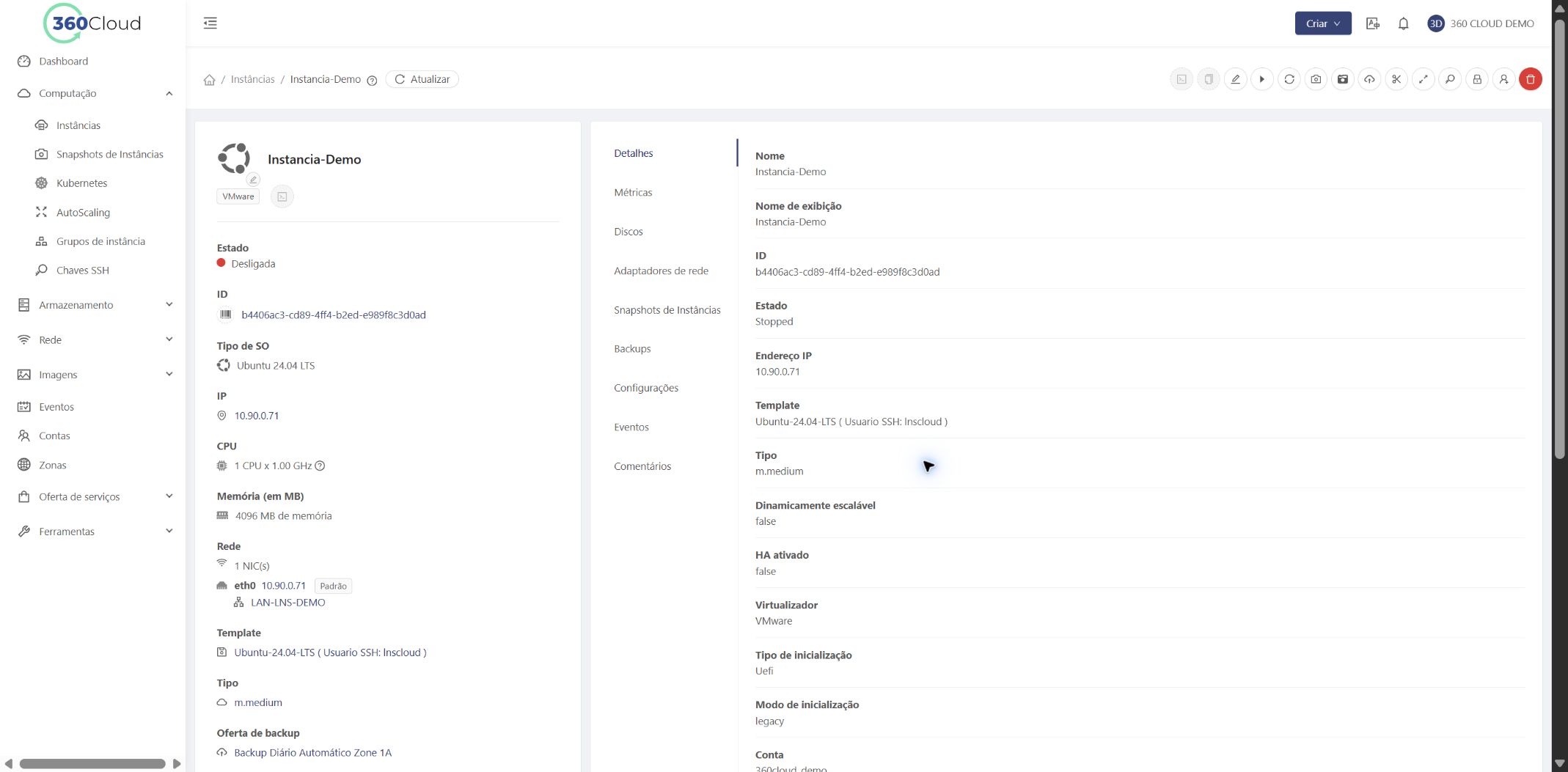 Resumo da VM mostrando a oferta de backup