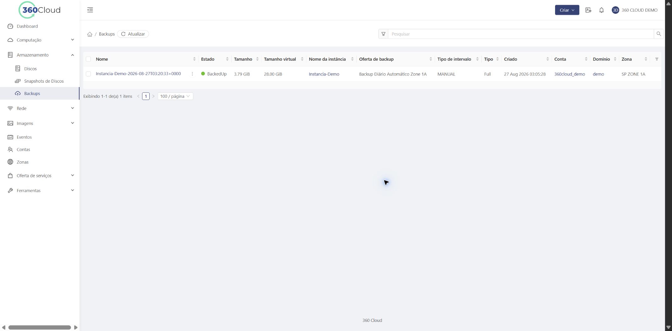 Tela principal com os backups das instâncias