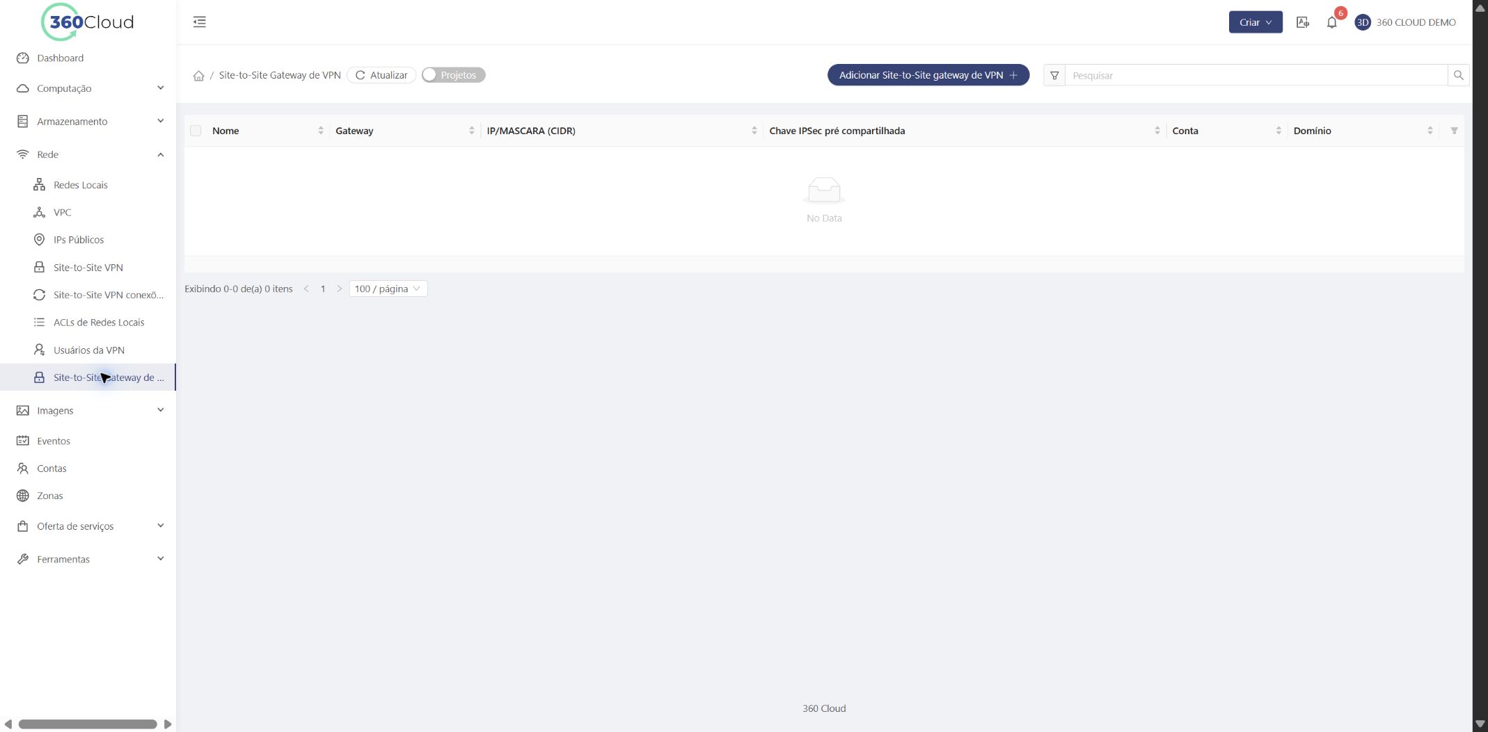 Tela Site-to-Site Gateway com a ação de adicionar destacada