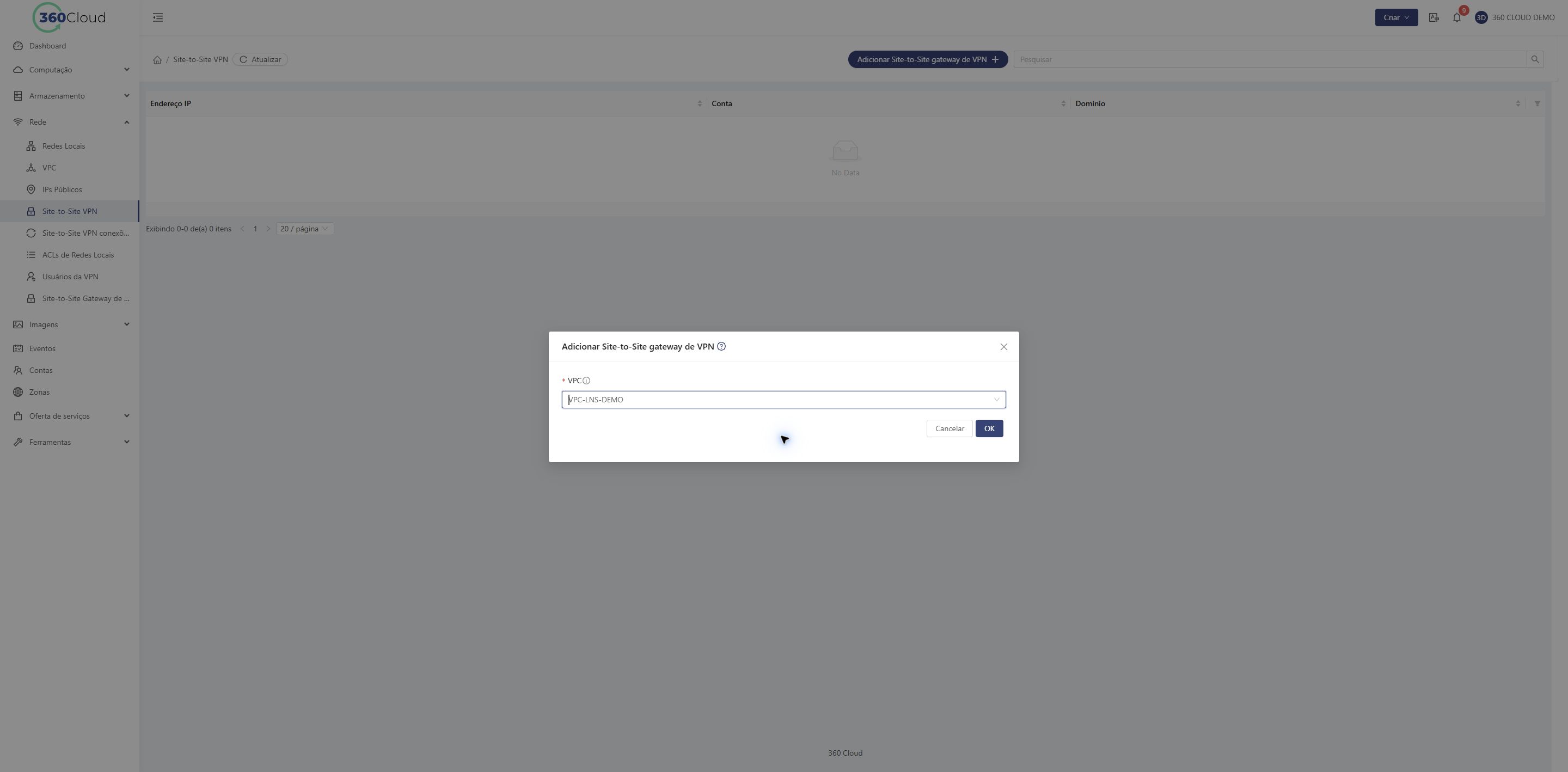 VPC-LNS-DEMO selecionada para o gateway VPN