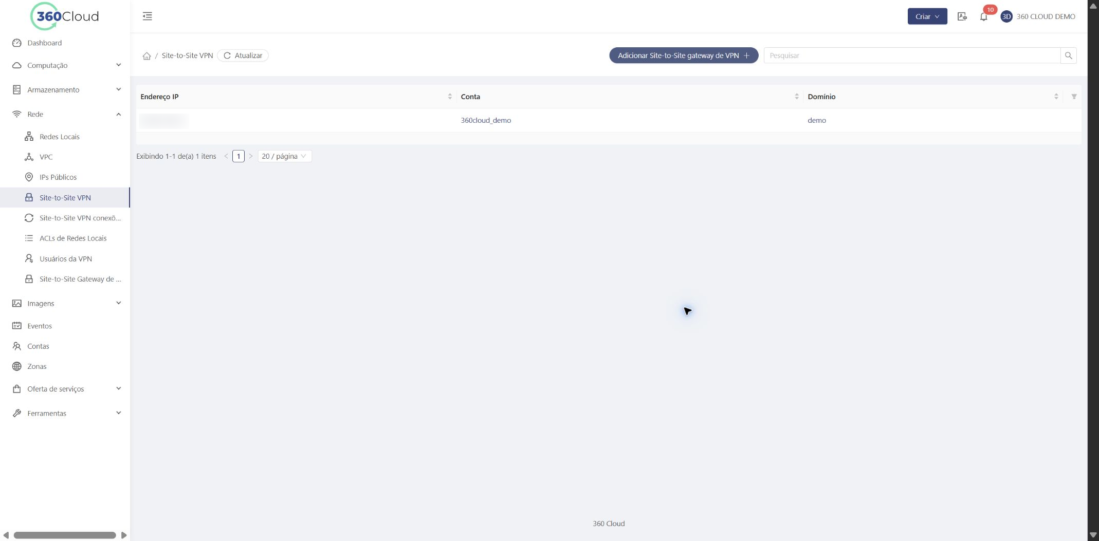 Gateway VPN da VPC criado, com o IP público desfocado