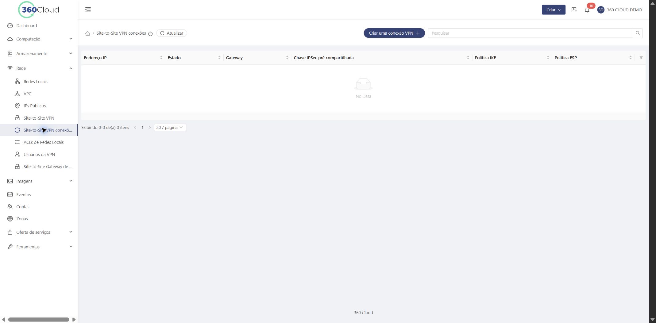 Tela de conexões com o botão Criar uma conexão VPN destacado