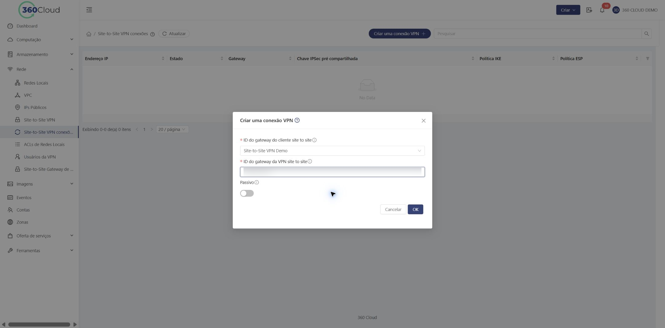 Formulário que vincula o gateway remoto ao gateway da VPC