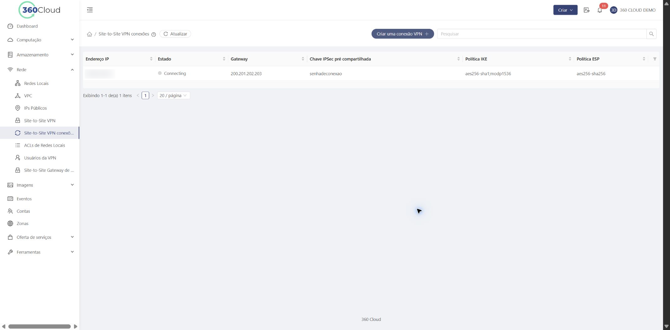 Conexão VPN criada no estado Connecting, com o IP público local desfocado