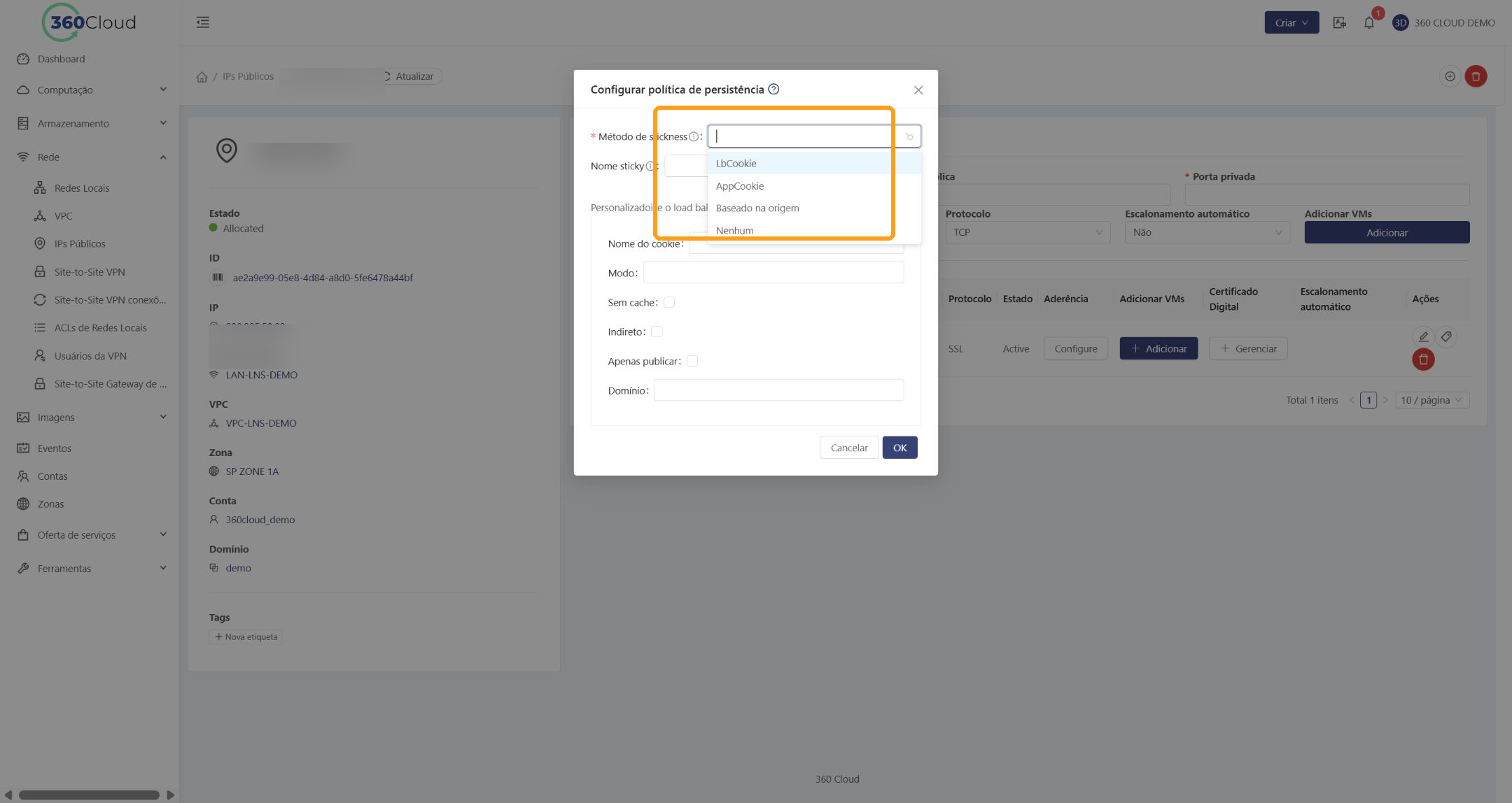 Métodos disponíveis para configurar a aderência da sessão