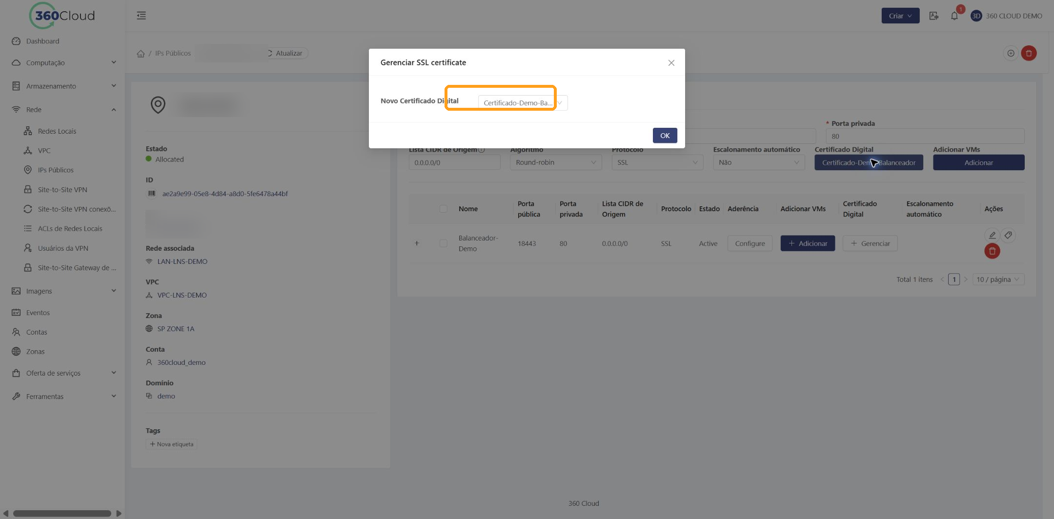 Seleção do certificado digital do balanceador