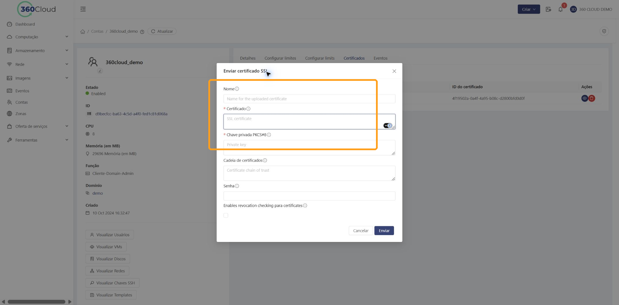Formulário para publicar um certificado SSL